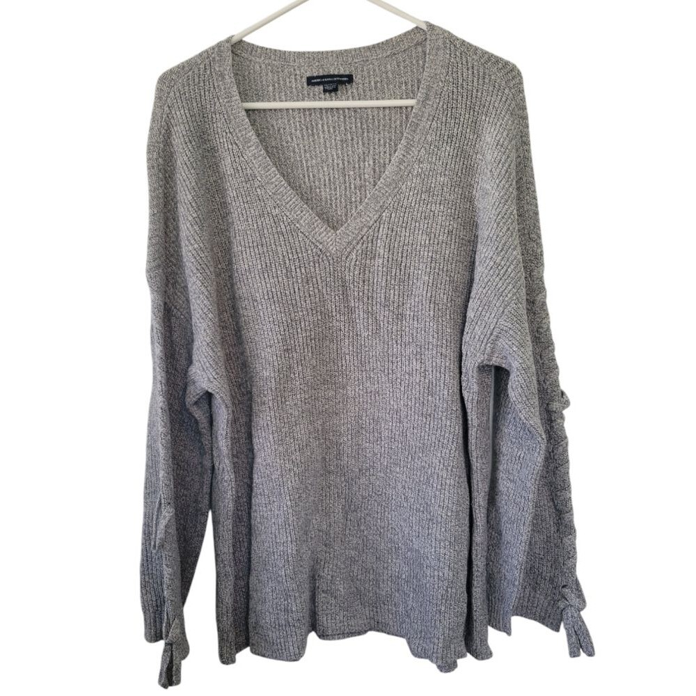American Eagle Gray Ribbed V-Neck Lace Up Sleeve Sweater Size XXL Wool Blend